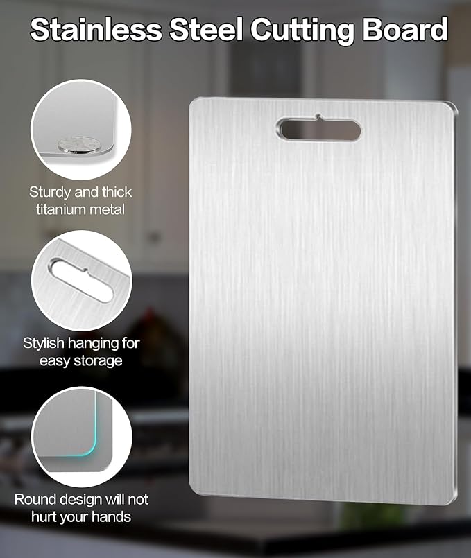 Cutting Board Set of 3, 100% Pure Titanium Cutting Boards for Kitchen, 2025 New Stainless Steel Cutting Boards, Scratch & Rust Resistant, Non-Slip Surface for Meat Vegetables Fruit, Easy Clean (3)