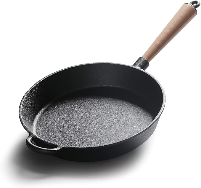LI-GELISI Pre-Seasoned Cast Iron Round Griddle Cast Iron Round Frying Pan Wooden Handle 8.6 Inch