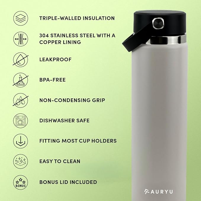 Oat 24oz Triple-Walled Insulated Stainless Steel Water Bottle – Wide Mouth, Leak Proof Flask with Bonus Spout Lid – BPA-Free Thermos for Gym, Hiking, Travel, Hot & Cold Beverages