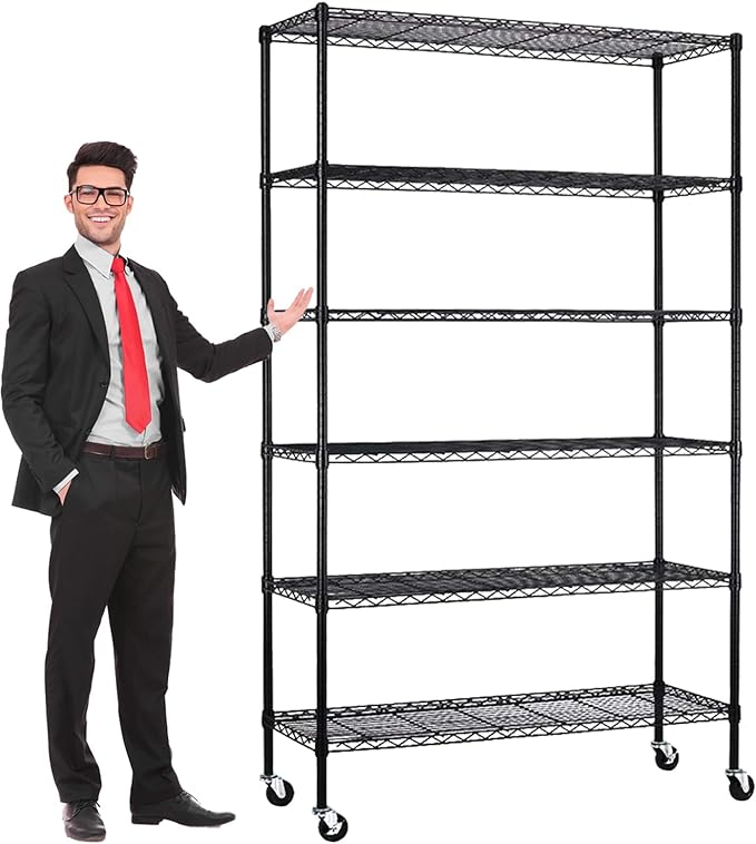 6 Tier Wire Shelving with Wheels, 2100lbs Storage Shelves Metal Shelves for Storage Rack, Adjustable Garage Shelf Heavy Duty Shelving Units Pantry Shelf Kitchen, (48"x18"x82", Black)