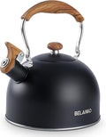 Tea Kettle, BELANKO 85 OZ / 2.5 Liter Whistling Tea Kettle, Tea Pots for Stove Top Food Grade Stainless Steel with Wood Pattern Folding Handle, Loud Whistle Kettle for Tea, Coffee, Milk - Black