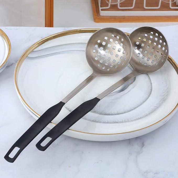 Buyer Star 2 Pcs Soup Ladle Colander, Silver Black Cookware Serving Long Handle Steel Slotted Spoon Cooking Utensil Set for Hotpot