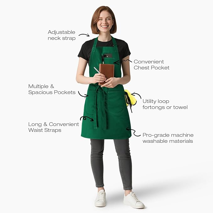 Unisex Apron with Pockets for Cooking, Salon & Art - 100% Cotton Adult Kitchen, Chef, Stylist Apron (Green)