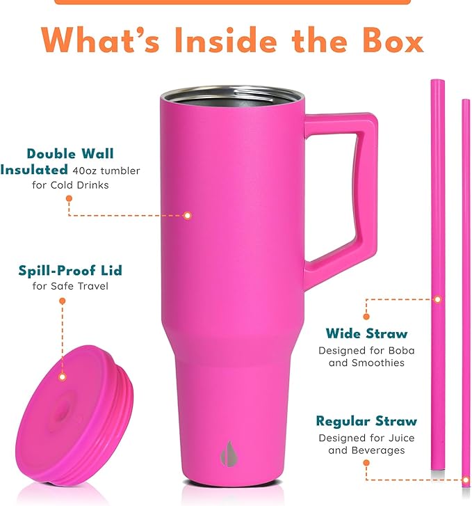 Elemental 40 oz Tumbler with Handle and Straw - Spill Proof Insulated Stainless Steel Commuter for Hot and Cold Beverages - Travel Coffee Mug with 2 Straws & Spill Proof Lid - 40oz - Hot Pink