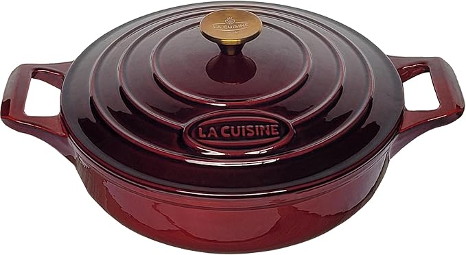 La Cuisine Cast Iron Braiser Shallow Dutch Oven Braising Saute Pan 3.75 QT 11" Dia. Internal Matte Black Enamel Coating, Oven Safe up to 500° F Cranberry