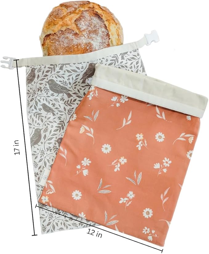 Reusable Beeswax Bread Bag 2 Pack –12x17 Bread Bag for Homemade Sourdough, Beeswax Coated Organic Cotton Storage Bag for Loaf Baguette, Freezer Safe, Eco-Friendly Wrap Birds