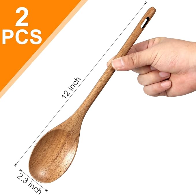 2 Pcs 12" Large Wooden Spoons for Cooking Utensils Set Wood Spatula Mixing Stirring Serving Spoon Spoons Long Handle Teak Spoon Kitchen Tools Big Spatula Bamboo Cooking Spoons Kitchen Utensil