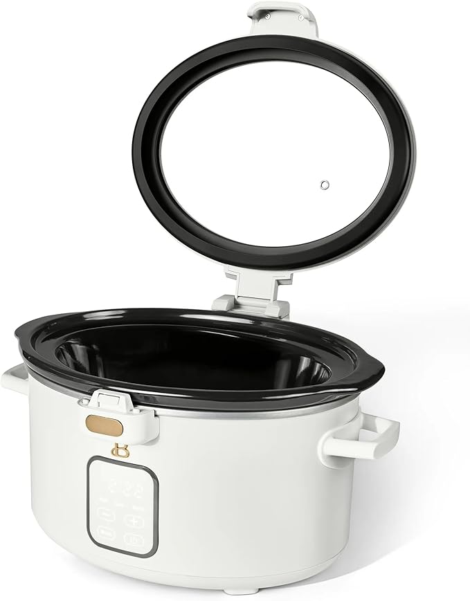 Beautiful 4-Qt Programmable Slow Cooker with Hinged Locking Lid & Touch Display – 3 Heat / 4 Timer Settings (White Icing)