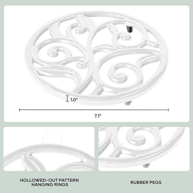 JOGREFUL Cast Iron Trivet Mats, Kitchen Pot Holders to Portect Table/Countertops, Heat Resistant Mats for Teapot/Hot Dishers/Plates, Vintage Mats with Weighted-Base, Vine Pattern, White