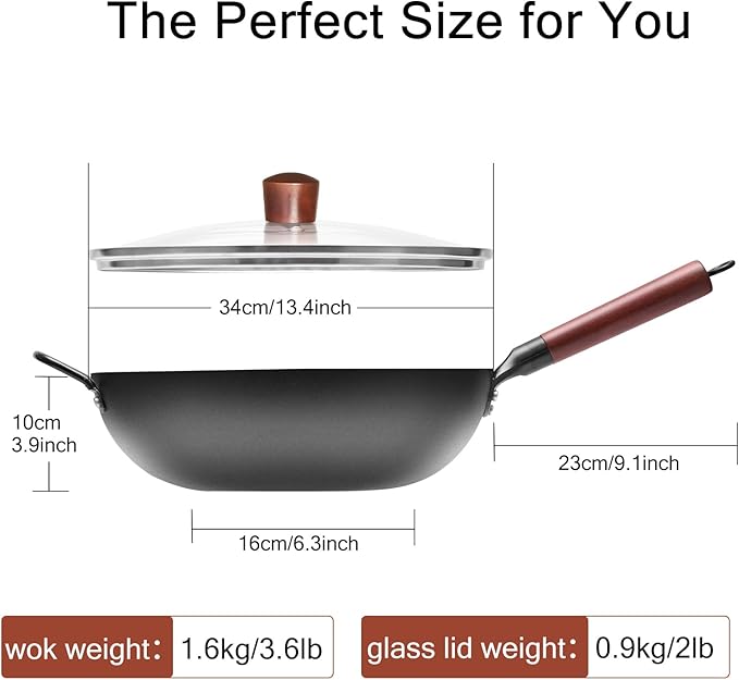 Wrought Iron Flat Bottom Wok with Glass Lid – Detachable Wooden Handle, Non-Coated Naturally Nonstick Frying Pan for Gas, Electric & Induction Stoves (Black Wok with Helper Handle, 13.4 inch)