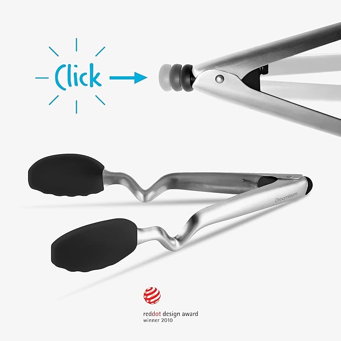 Dreamfarm Clongs Grippy Silicone & Stainless Steel Kitchen Cooking Tongs with Click-Lock Open & Close - 9" Black