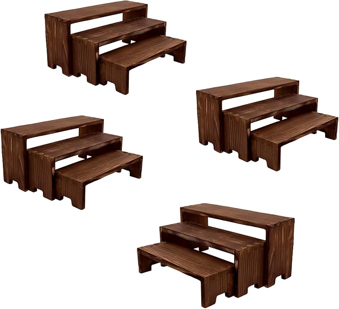 Display Wood Risers Wooden Stand 3 Tier 4 Set 12 Pieces Tiered Desert Wooden Stands Decorative Rectangular Display Cupcake Stands Cologne Perfume Racks(Brown)
