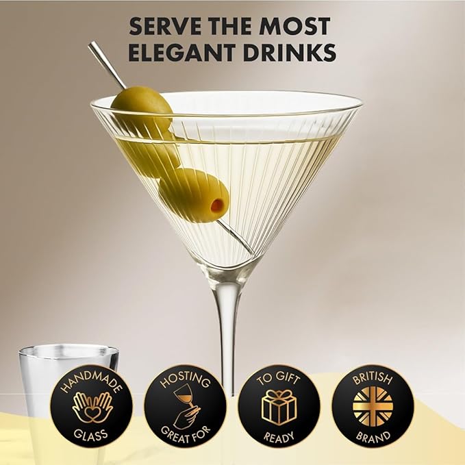VEMACITY - Ribbed Martini Glasses Set of 4 | Silver Bar Tools - 8oz Coupe Cocktail Glasses | Espresso Martini, Margarita, Manhattan, Cosmopolitan - Art Deco Cocktail Gift Set | Ideal for Christmas