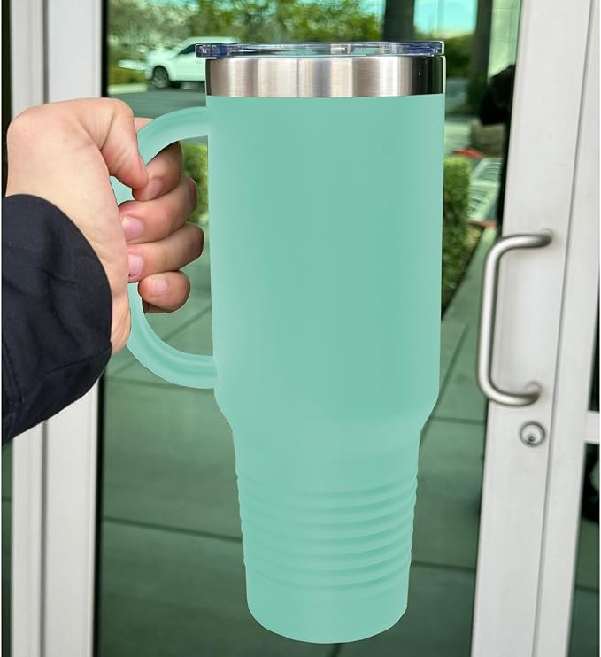 LaserGram 40oz Vacuum Insulated Travel Mug with Handle, Tiki Statue, Personalized Engraving Included (Teal)