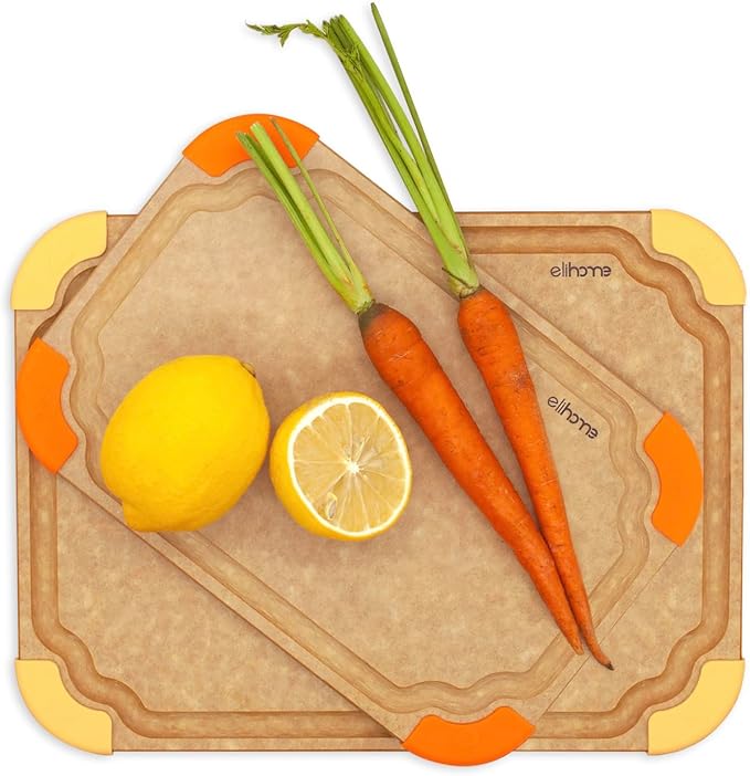 Elihome Premium Series 2-in-1 Kitchen Cutting Board Set, Non Slip Feet, Color Coded with Food Icon, Natural Wood Fiber, Dishwasher Safe, Eco-Friendly, Juice Grooves,Non Porous, BPA Free, Made in USA