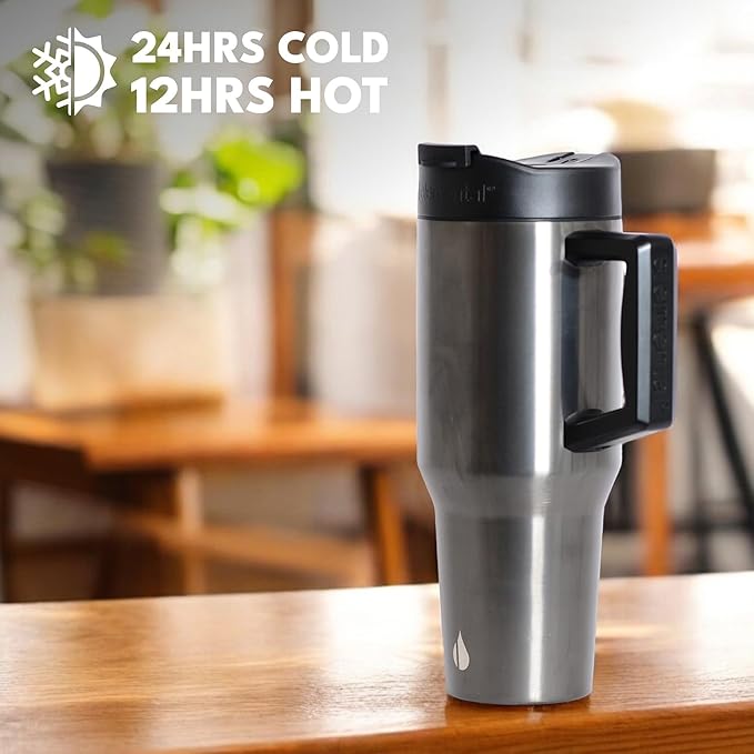 Elemental 32 oz 100% Leak Proof Tumbler with Handle & Straw - Stainless Steel Double Wall Insulated Tumbler for Hot and Cold Beverages - Travel Coffee Mug with Sip & Straw Lid - Gunmetal