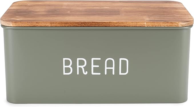 Nat & Jules Matte Green 12 x 7 Metal Enamel Rubber Wood Lidded Bread Box