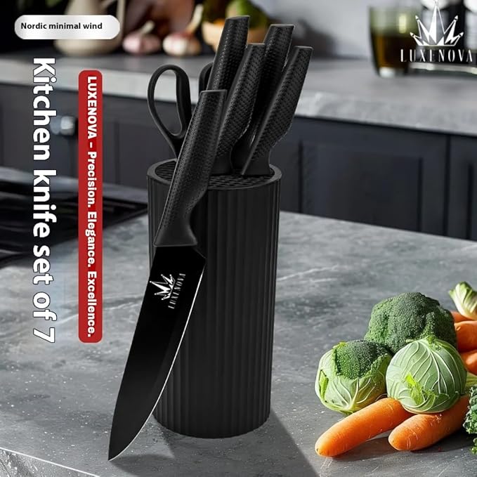 7-Piece Kitchen Knife Set – Ultra Sharp Stainless Steel Knives with Universal Block, 5-Piece Chef Knife Set, Kitchen Scissors – Non-Slip Black Handles, Modern Countertop Set