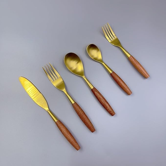 20 piece Wooden Handle Gold Silverware Set for 4 Gold Utensil Set Cutlery Flatware Set Food-Grade 18/8 Stainless Steel Spoons And Forks Set Matte Utensil Sets Dishwasher Safe for Home & Kitchen