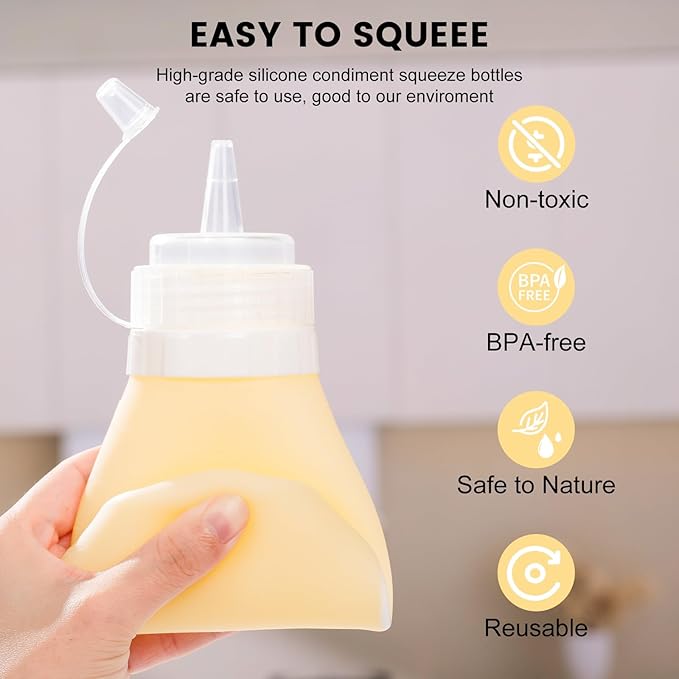 Condiment Squeeze Bottles, 16 oz Silicone Squeeze Bottles For Sauces, Leak Proof Condiment Containers with Extra Interchangeable lid, Easy Squeeze for Oil, Honey & Dressings, BPA FREE (4 Pack)