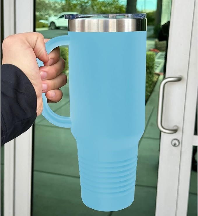 LaserGram 40oz Vacuum Insulated Travel Mug with Handle, Sushi, Personalized Engraving Included (Light Blue)