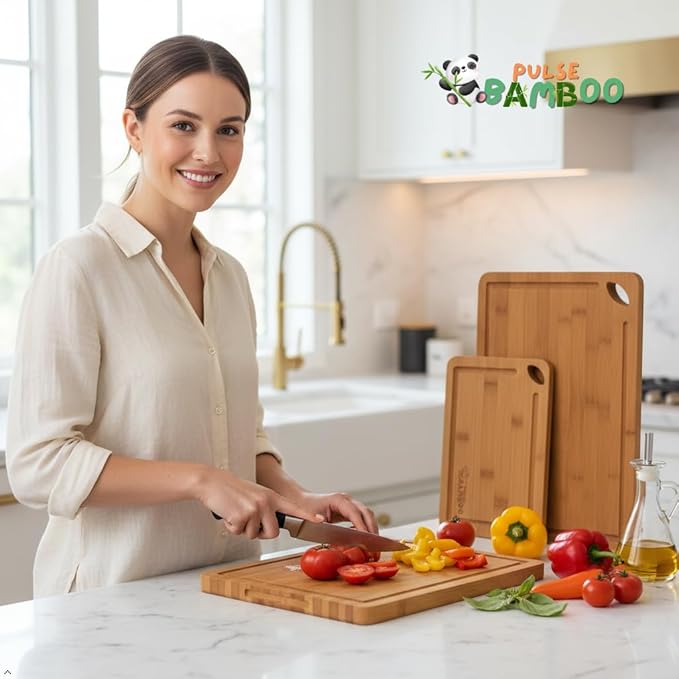 Carbonized Bamboo Cutting Board Set – 3-Piece Cutting Boards for Kitchen, Meat, Vegetables & Bread – Heavy-Duty, 100% Pure Bamboo, Odor & Water Resistant, Knife Friendly, Eco-Friendly