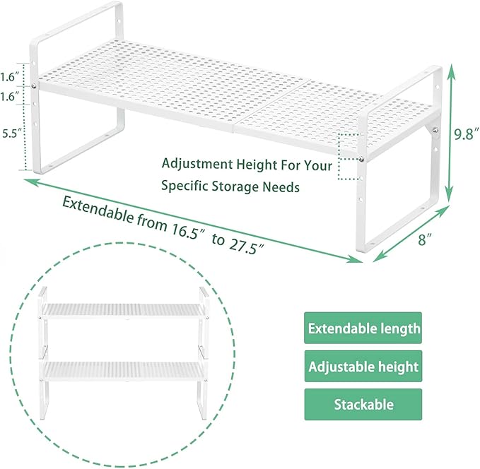Redrubbit Expandable Cabinet Storage Shelf, Adjustable Height Steel Metal Kitchen Counter Organizers Shelves Spice Rack for Kitchen Pantry Bathroom Cupboard Desk Home Office, White-1 Pack