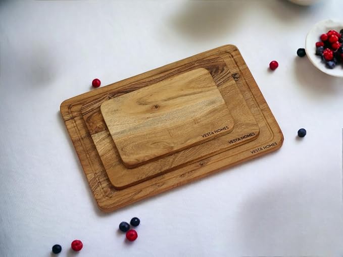 Vesta Homes Cutting Boards for Kitchen, Large Wood Chopping Board Set of 3 | Acacia Charcuterie Board | Wooden Trays for Meat, Serving Board for Fruit, Vegetables and Cheese | (15x10, 12x8, 9x6 inch)