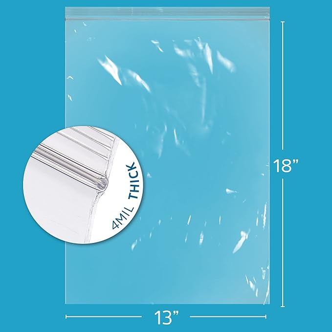 13" x 18" Heavy-duty 2.5 Gallon Zip Bags - 100 Count - Clear Plastic Reclosable Zipper Baggies, 4 Mil Freezer Storage Poly Bags, for Packaging Food, Clothing, Tools & Sharp Objects.