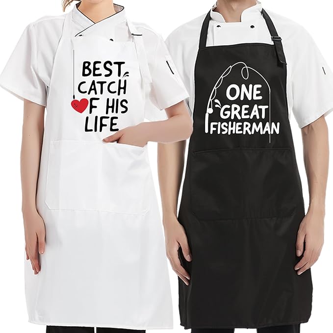 AGMDESIGN One Great Fisherman, Best Catch Of His Life 2-Pack Apron Set, Bridal Shower Gift for Couples, Anniversary Birthday Gifts for Parents BFF