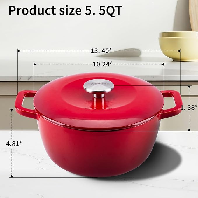 Enamel Cast Iron Dutch Oven with Lid,Dual Handles,Heavy-Duty Cookware for Sourdough Bread Baking,Braising,Stews,Roasting,Oven Safe up to 500° F,5.5QT,red