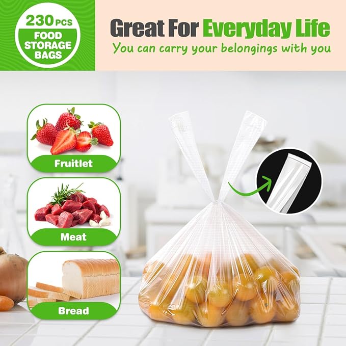 Teivio 230 Count 12" x 16" Plastic Produce Bags with Handle, Clear Kitchen Food Disposable Plastic Storage Bags/A Roll for Fruit Vegetable Bread