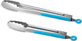 304 Stainless Steel Kitchen Cooking Tongs, 9" and 12" Set of 2 Sturdy Grilling Barbeque Brushed Locking Food Tongs with Ergonomic Grip, Blue