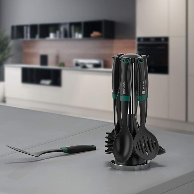 Linoroso Nylon Cooking Utensils Set, 7 Pieces Elevate Kitchen Utensil Set with Exquisite Rotating Stand, Innovative Weighted Handle, Easy to Clean, Black & Peacock Green (BPA Free, Non Toxic)