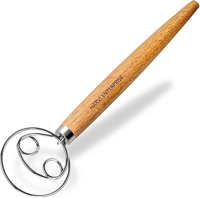 Danish Dough Whisk and Dough Hook - Stainless Steel Dutch Style Wooden Handle for Sourdough, Bread, Pastry Dough Mixing Tools