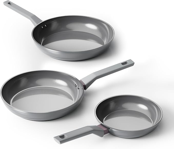 Sanho Healthy Ceramic Non-Toxic Frying Pan Set, 3-Piece (8, 10 & 12 Inch) Non Stick Skillets, PFAS PTFE PFOA Free, Induction Compatible, Dishwasher Safe Gray Cookware Set
