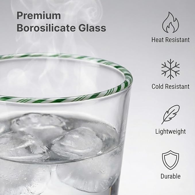 Gusto Buono Holiday Drinking Glasses — Set of 4 13oz Old Fashioned Glass, Borosilicate Glass Tumbler Vintage Glassware with Candy Cane Design