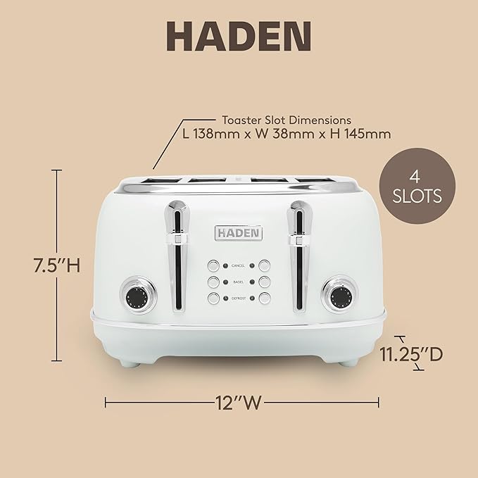 HADEN Heritage Toaster with Extra Wide Slots, 1500-Watt, Ivory & Chrome - Retro Stainless Steel Design with Self-Centering Function, Adjustable Browning Control & Removable Crumb Tray