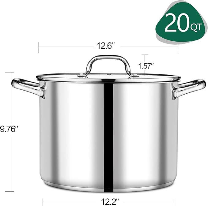 P&P CHEF 20 QT Stock Pot with Lid, Stainless Steel Large Cooking Pot, Soup Canning Stockpot for Stewing Simmering, Tri-ply Bottom for All Stoves, Heavy-Duty &Dishwasher Safe & Food-Grade