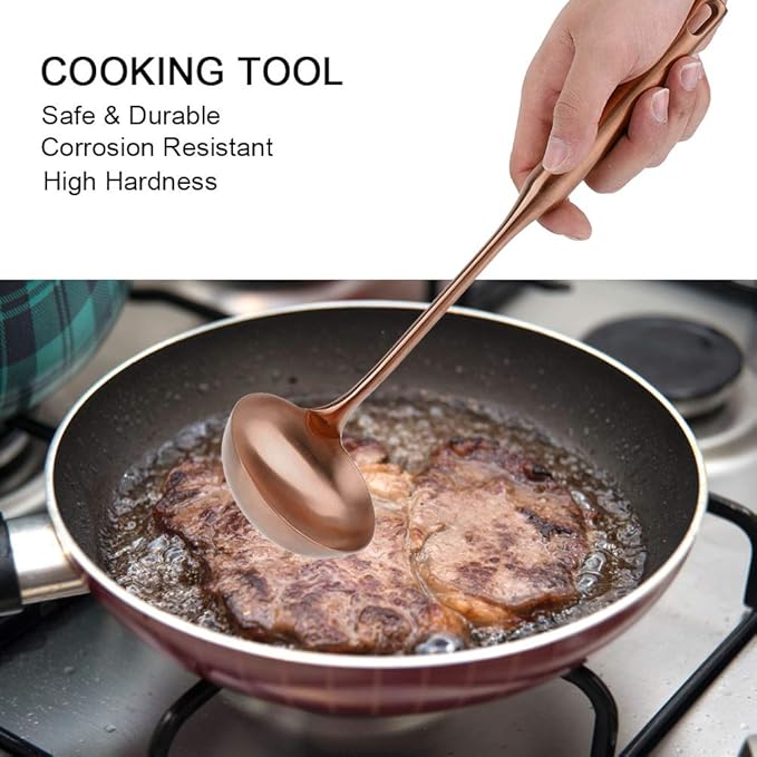 Soup Ladle, Stainless Steel Cooking Utensil Big Soup Spoon Kitchen Spatula Turner Cooking Tool Comfortable Grip (Rose Gold Soup Ladle)