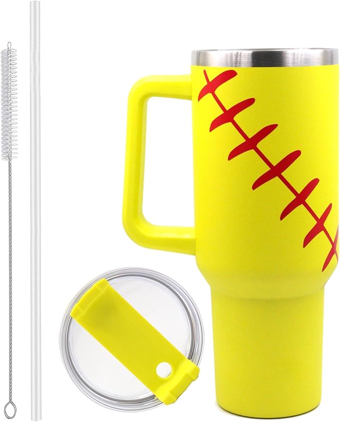 FMYWZS 40 oz Softball Tumbler with Handle, Double Wall Vacuum Insulated Stainless Steel Cup Travel Mug with Lid and Straw, Softball Accessories Stuff Gifts for Mom Men Boys Girls