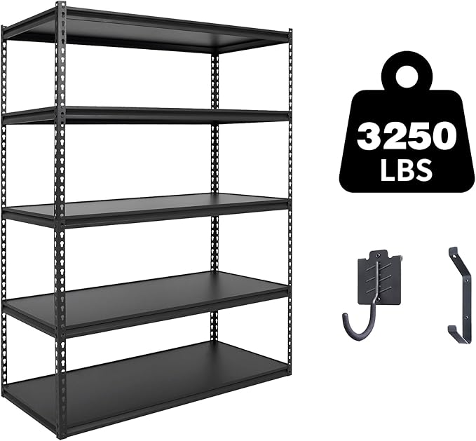The Atlas 48" W Laminated Heavy Duty Metal Shelving Unit 3250 Lbs Boltless Garage Storage Shelves Utility Rack Shelf Warehouse Pantry Shed 48" W x 24" D x 72" H, Black