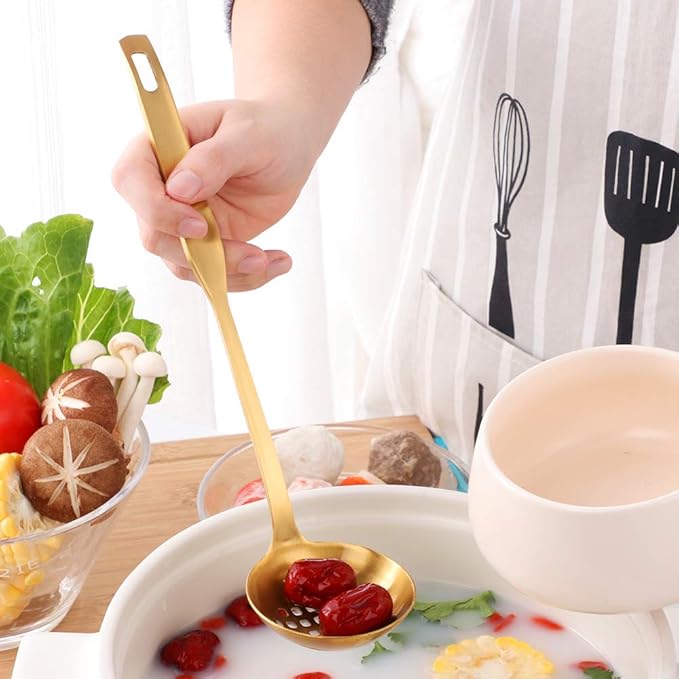 Buyer Star 2 Pcs Soup Ladle Colander, Gold Cookware Serving Long Handle Steel Slotted Spoon Cooking Utensil Set for Hotpot