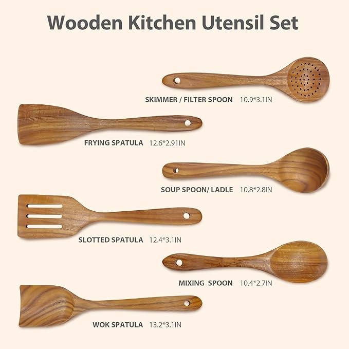 6 Piece Teak Wooden Utensil Set, Comfort-Grip Wooden Spoons for Cooking, Smooth Finish Wood Kitchen Utensils Set, Non-Stick Wood Spatula for Cooking