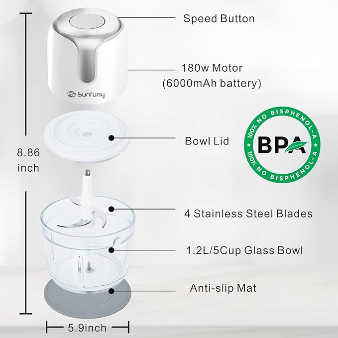 Food Processor Cordless, Small Wireless Chopper with 5-Cup Glass Bowl, 6000mAh Battery USB-C Rechargeable Electric Vegetable Chopper Meat Blender Kitchen Mixer for Garlic, Onion, Salad,Xmas Gift,White