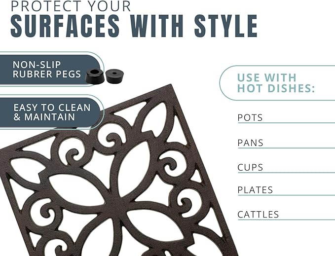 Comfify Decorative Cast Iron Trivet – Square Pattern for Kitchen or Dining Table – 6.5 x 6.5 with Rubber Feet – Recycled Metal – Rustic Design – Rust Brown Color