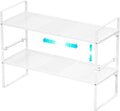 Redrubbit Expandable Cabinet Storage Shelf, Adjustable Height Steel Metal Kitchen Counter Organizers Shelves Spice Rack for Kitchen Pantry Bathroom Cupboard Desk Home Office, White-2 Pack