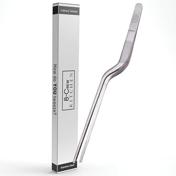 8-CREW KITCHEN Culinary Stainless Steel Tweezers, 8-inch Offset Tip Chef Precision Tongs for Plating, Decorating, Food Design, Bar and Multi-Purpose