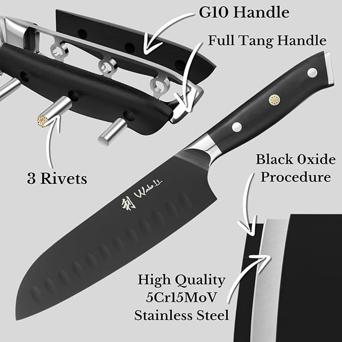 Wakoli Titanium Noir Santoku Knife – 7.1-Inch Professional Chef Knife | 5Cr15MoV Stainless Steel Blade with Black Titanium Coating | Ergonomic G10 Handle | Razor-Sharp Kitchen Knife in Gift Box