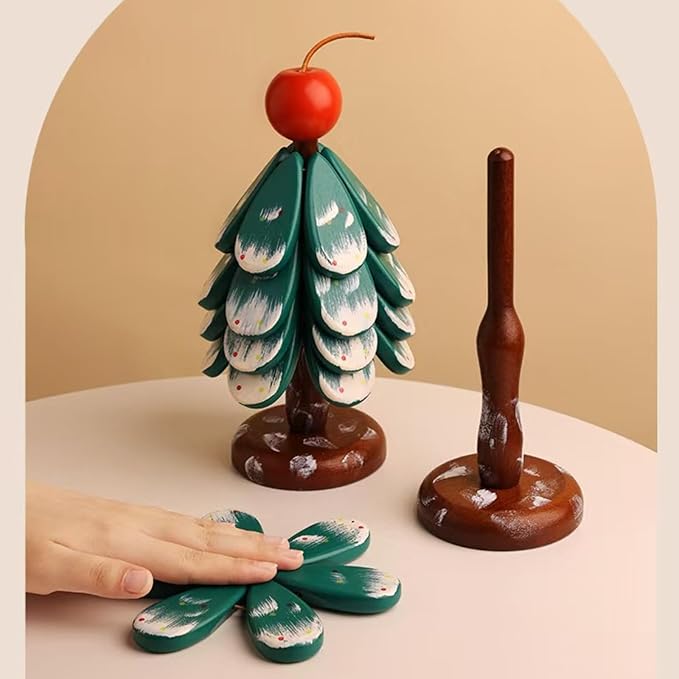 Christmas Tree Trivet,Wooden Tree Trivet Set of 4 Wooden Trivets & 1 Stand Like a Christmas Tree, Foldable Kitchen Wooden,for Hot Dishes Pot Bowl Teapot Hot Pot Holder (Cherry 3pair)